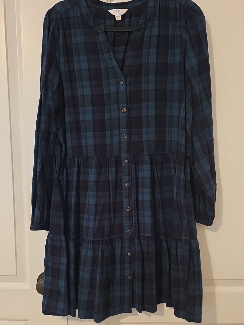 Time And Tru Blue Plaid Button-Front Tiered Dress